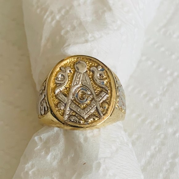 14 k Yellow Gold Masonic ring with White Rhodium finish - Picture 5 of 5